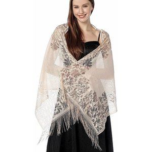 Ladies Beige Floral Lace Scarf Shawl with Tassels Soft Mesh Fringe Wraps